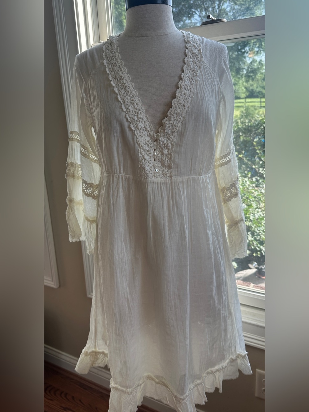 Joie Anthropologie White Boho Embroidered Lace Dress, Size‎ Large